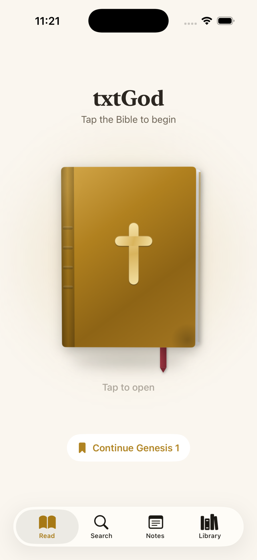 The txtGod home screen: a gilt Bible waiting to be opened.