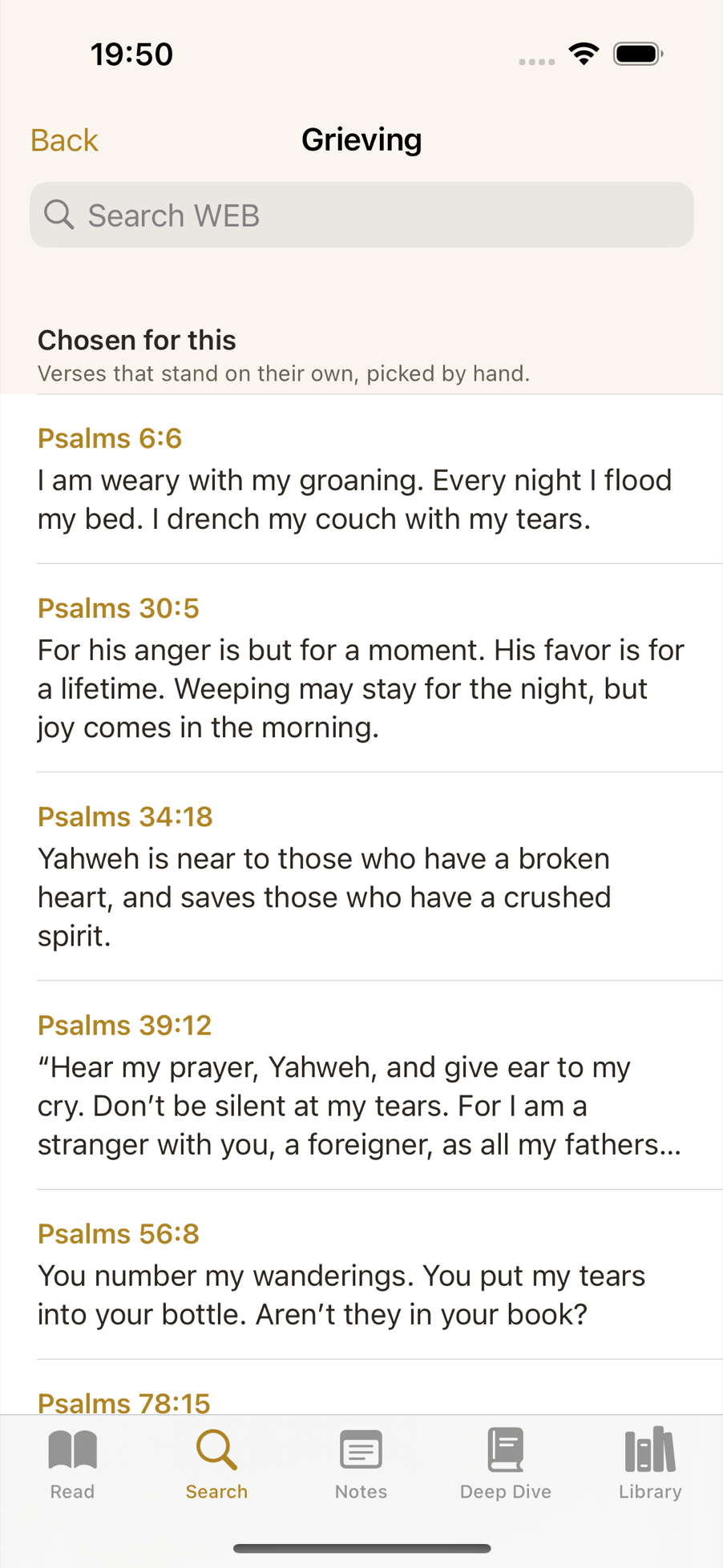 Verses on grief, with hand-picked ones first and the rest of the Bible beneath.
